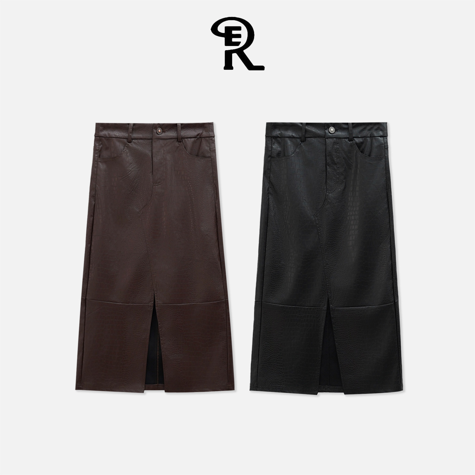 RE- A字仿鳄鱼纹压纹前开叉修身轻奢百搭中长款半身裙-RE453051