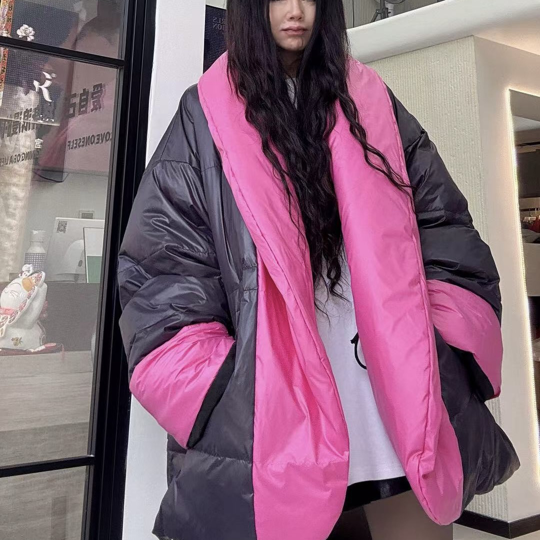 【周周家】秋冬女士撞色拼粉色设计师款大牌羽绒服外套