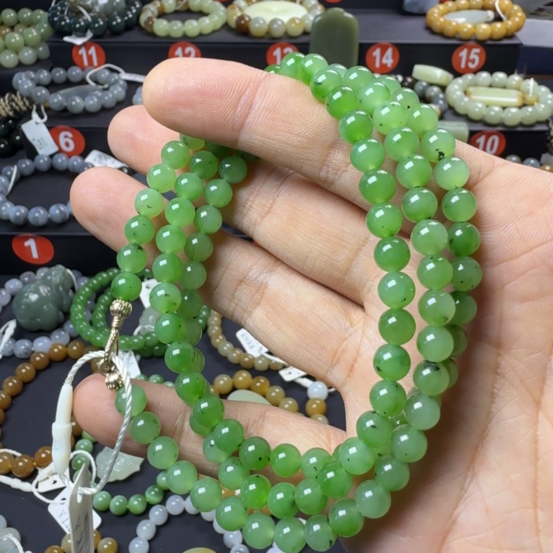 和田玉未镶嵌手链（NGTC国检证书）俄料乌兰海碧玉卡6 妈妈连