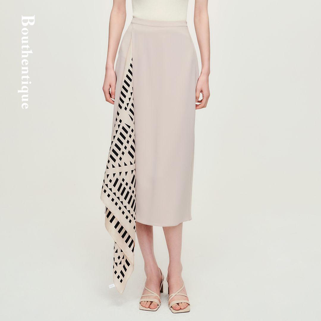 Bouthentique高级醋酸前片拼接可拆卸丝巾长裙224221S1A20