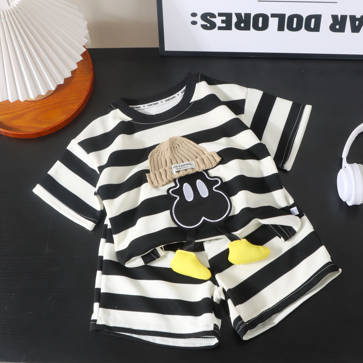 2025夏季黑白条纹短袖套装男女童韩版