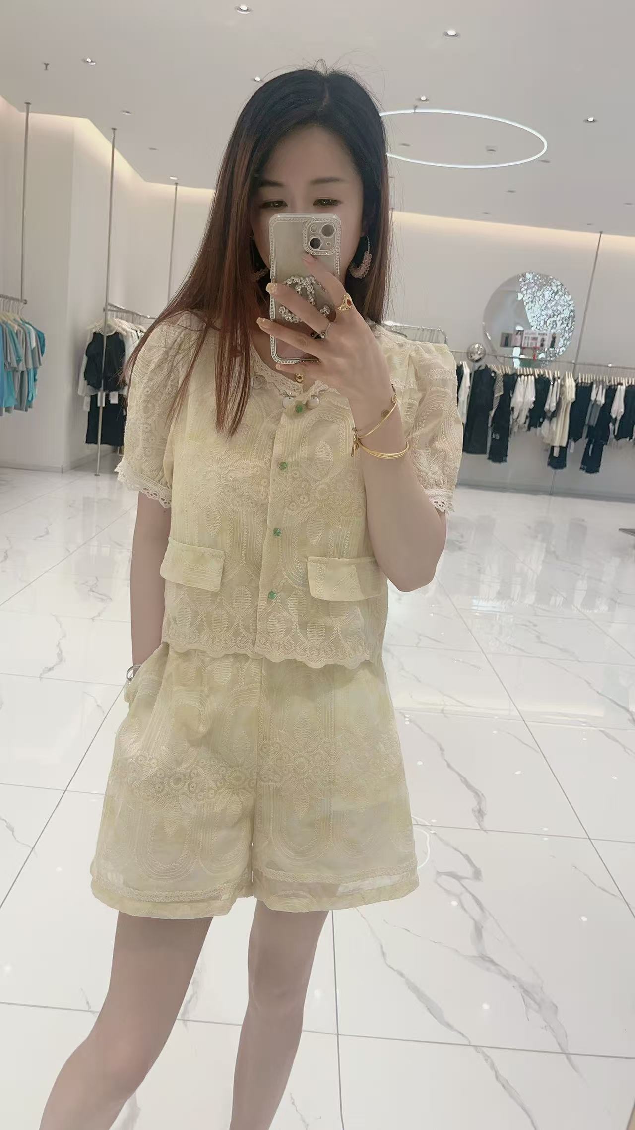 2025夏季新款短袖扎染蕾丝刺绣套装气质甜美短裤两件套HJ-1791