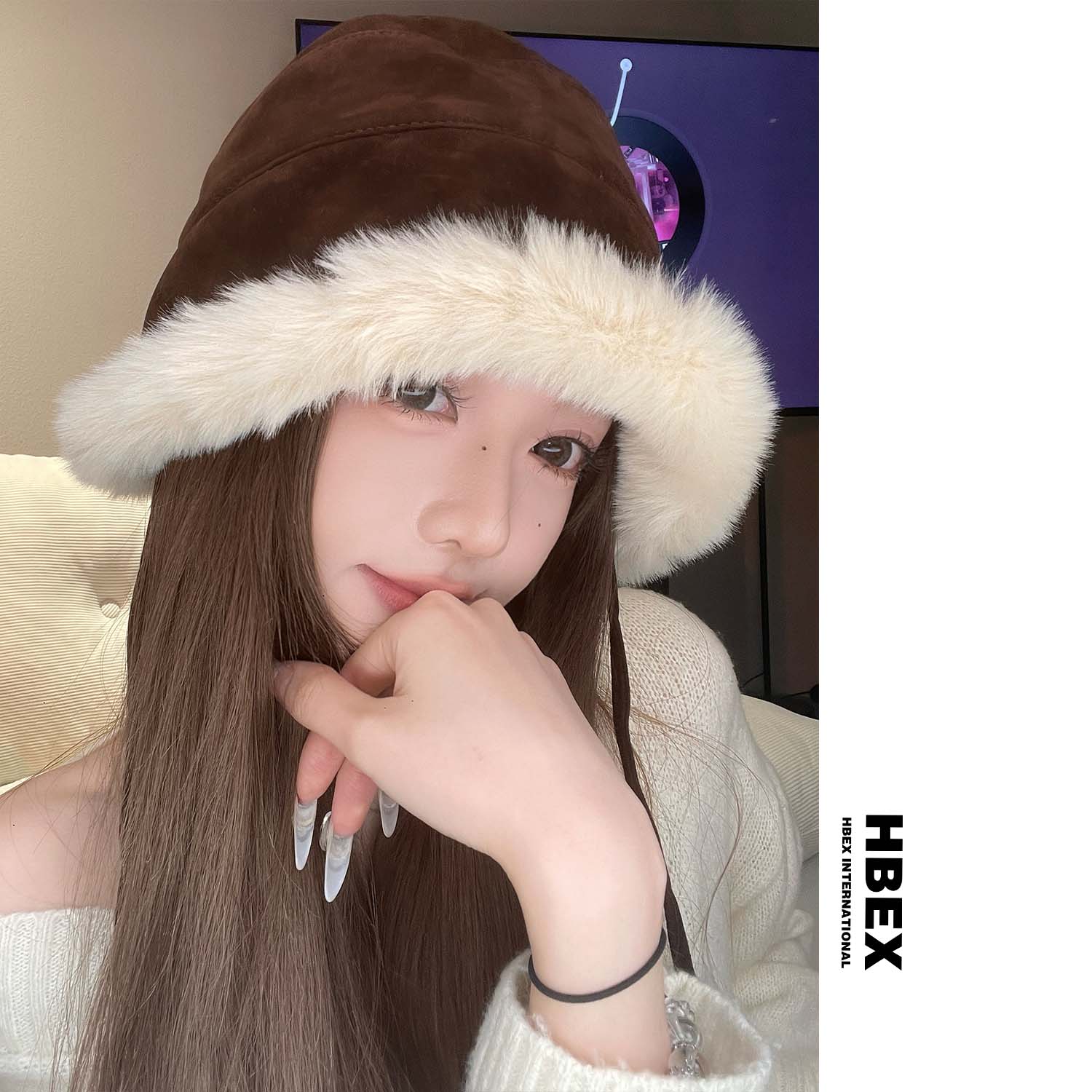 HBEX冬季新款加绒渔夫帽保暖毛茸茸防风护耳雷锋帽女秋冬毛绒盆帽