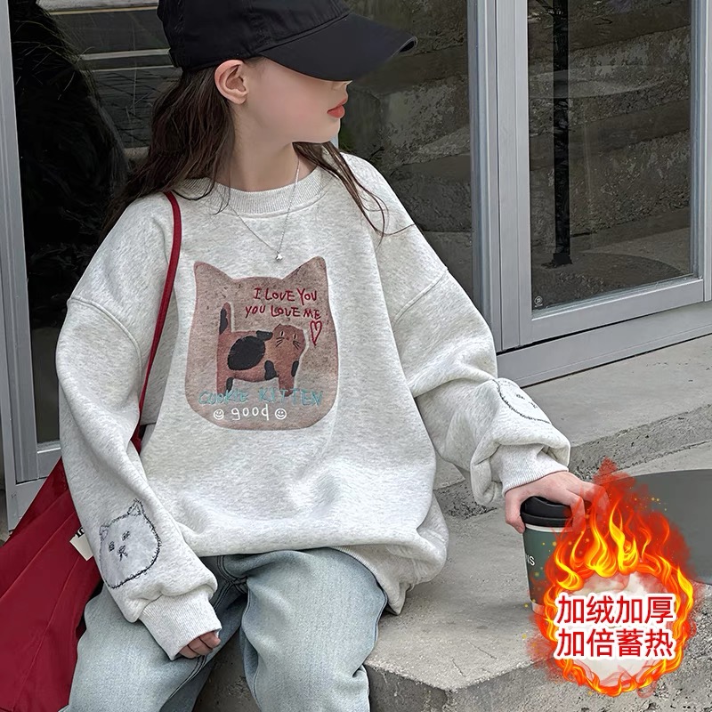 韩版东大门可爱猫咪灰色加绒女童卫衣 A658 658   Q2