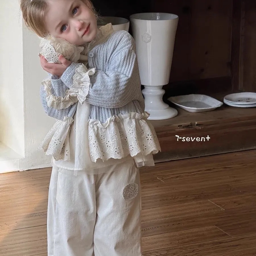 韩国童装女童外套25春季新款宝宝森系拼接花边针织开衫小儿童上衣