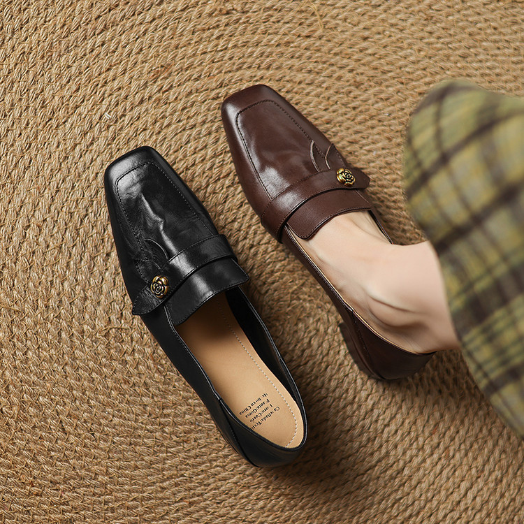 水洗头层牛皮山茶花深口单鞋2026年春季粗跟懒人鞋