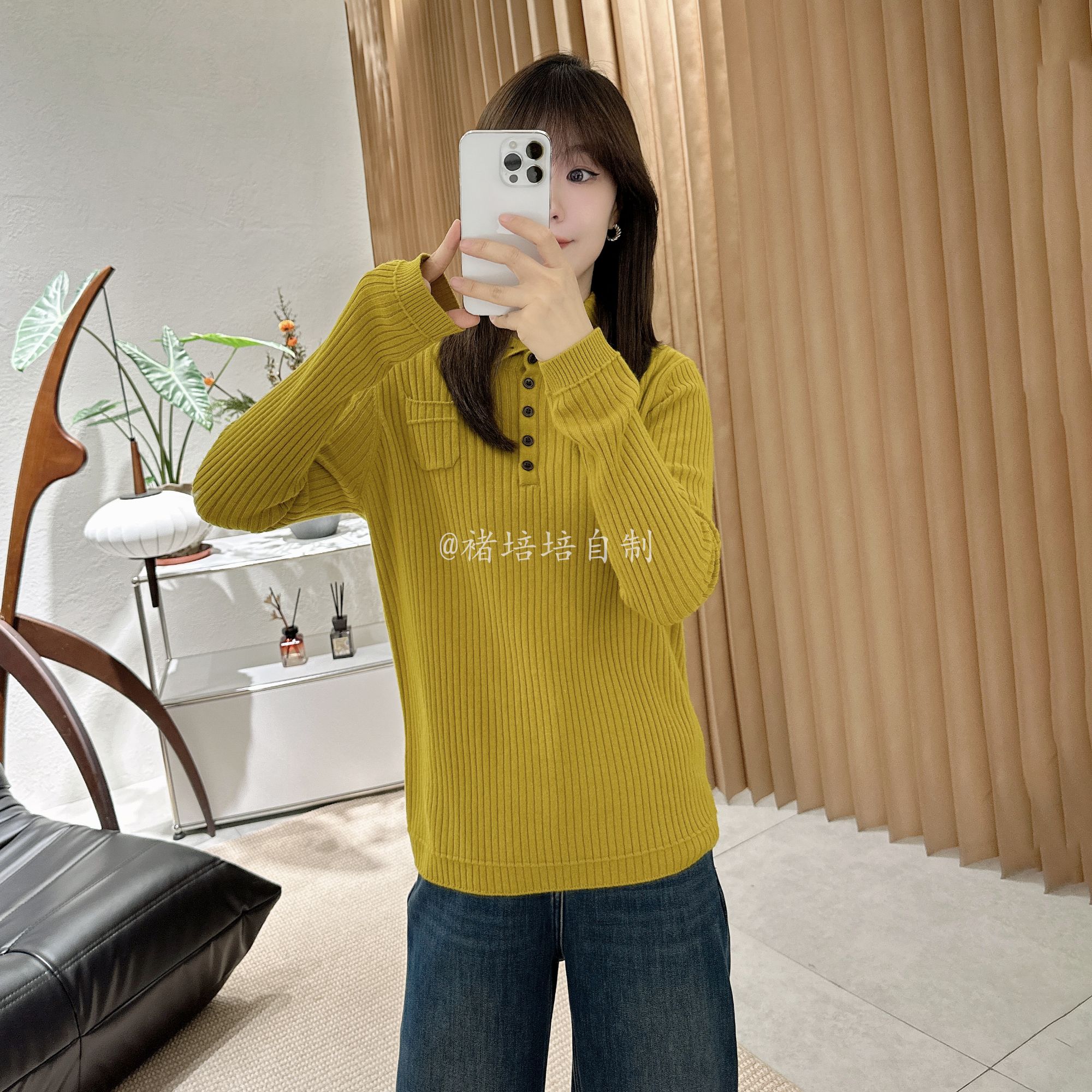 【褚培培自制】CHUPEIPEI/100%羊毛/秋冬纯色系竖条纹肌理感打底女