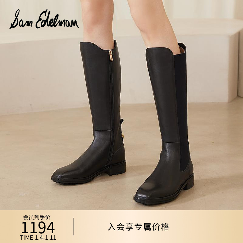 SAM EDELMAN山姆爱德曼冬黑色牛皮切尔西靴松紧带弹力靴长靴女RAE