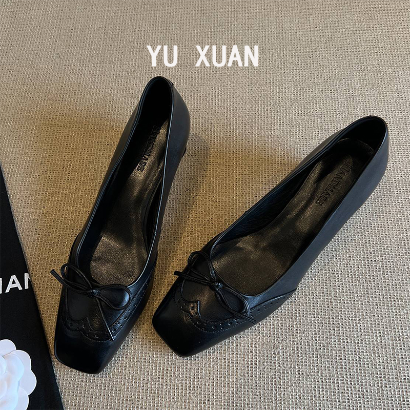 法式高跟单鞋女春季方头黑色工作鞋粗跟蝴蝶结绝美不累脚中跟鞋子