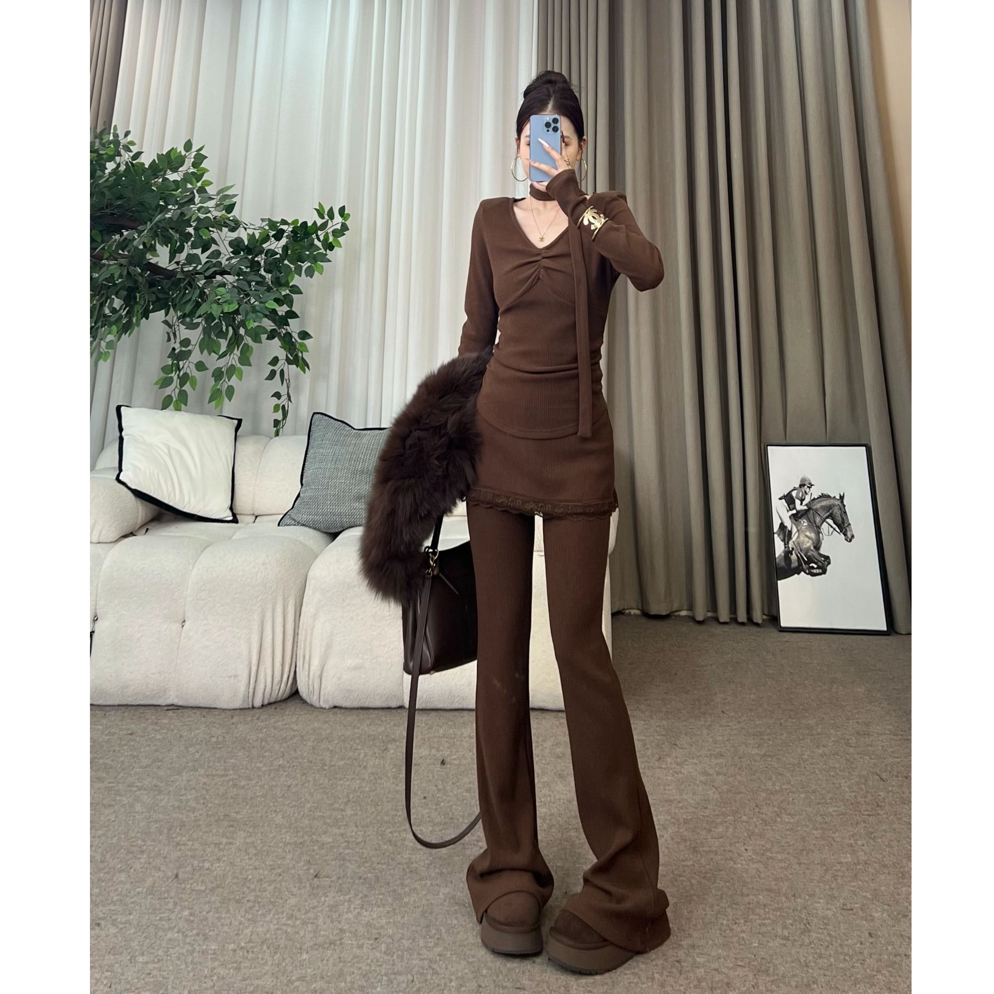 XIAOQIN【冬日入场】秋冬加绒V领捏褶上衣屁帘直筒半身长裙套装T574