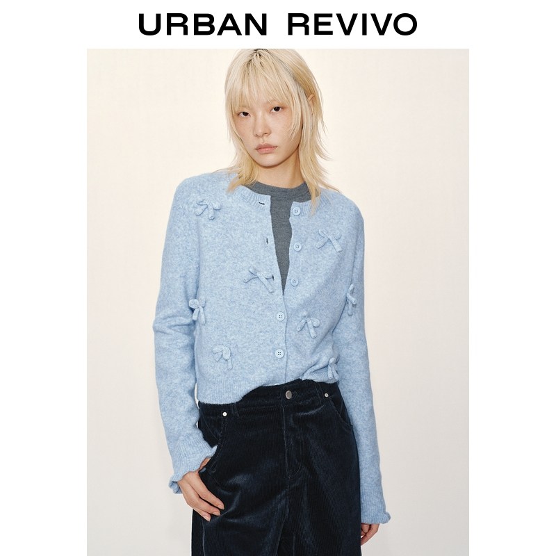 UR2026春季新款女装休闲立体蝴蝶结荷叶边针织开衫UYY960008