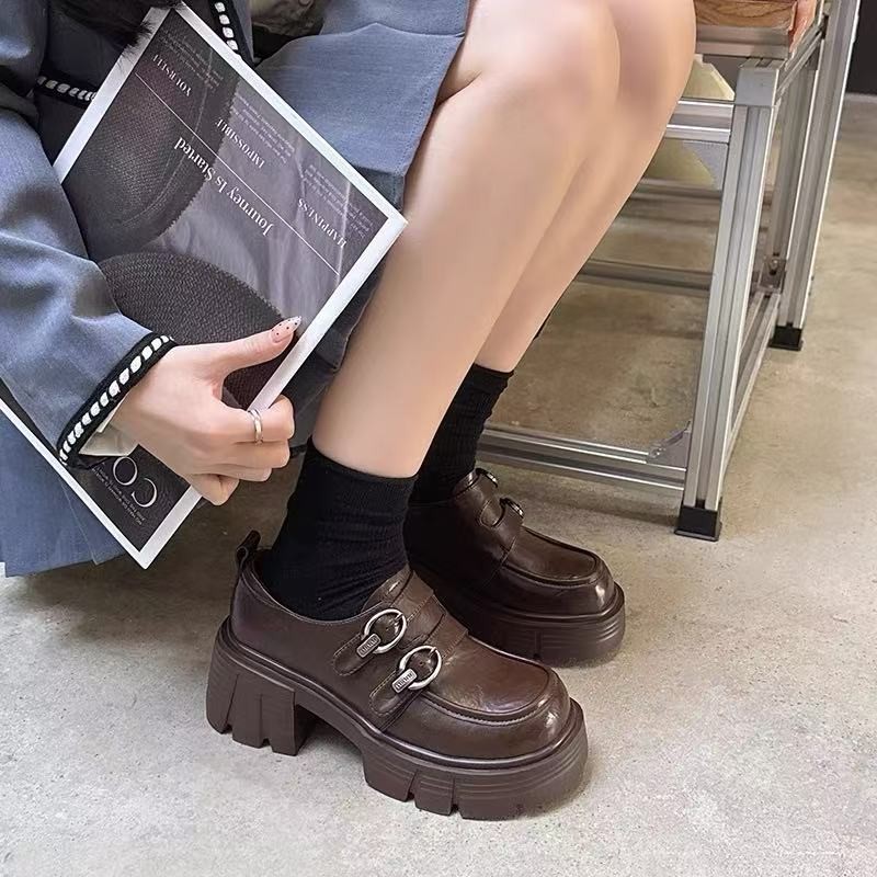 乐福鞋英伦风厚底小皮鞋2025春季新款魔术贴双扣增高显瘦单鞋