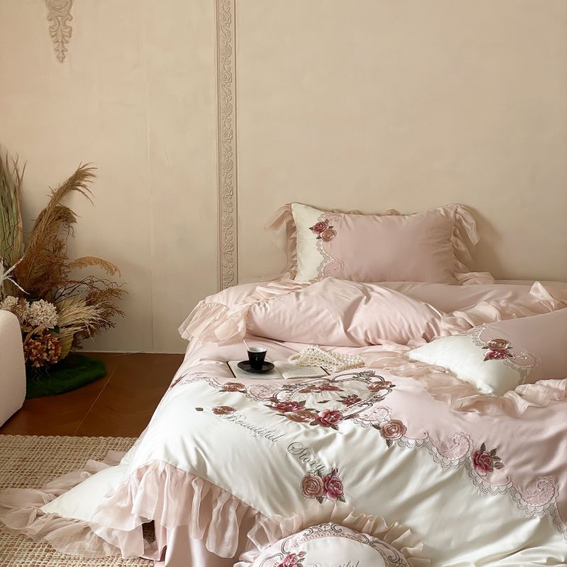 【晴美】复古法式澳棉贴布绣花玻璃纱四件套-赫本花园系列-蔷薇粉