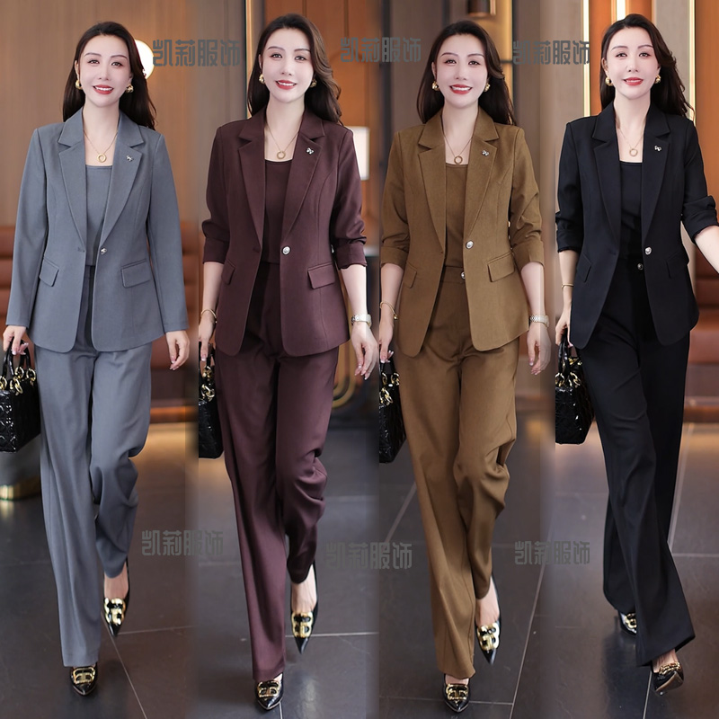 时尚西装套装女2025秋新款洋气减龄气质职业西服吊带直筒裤三件套