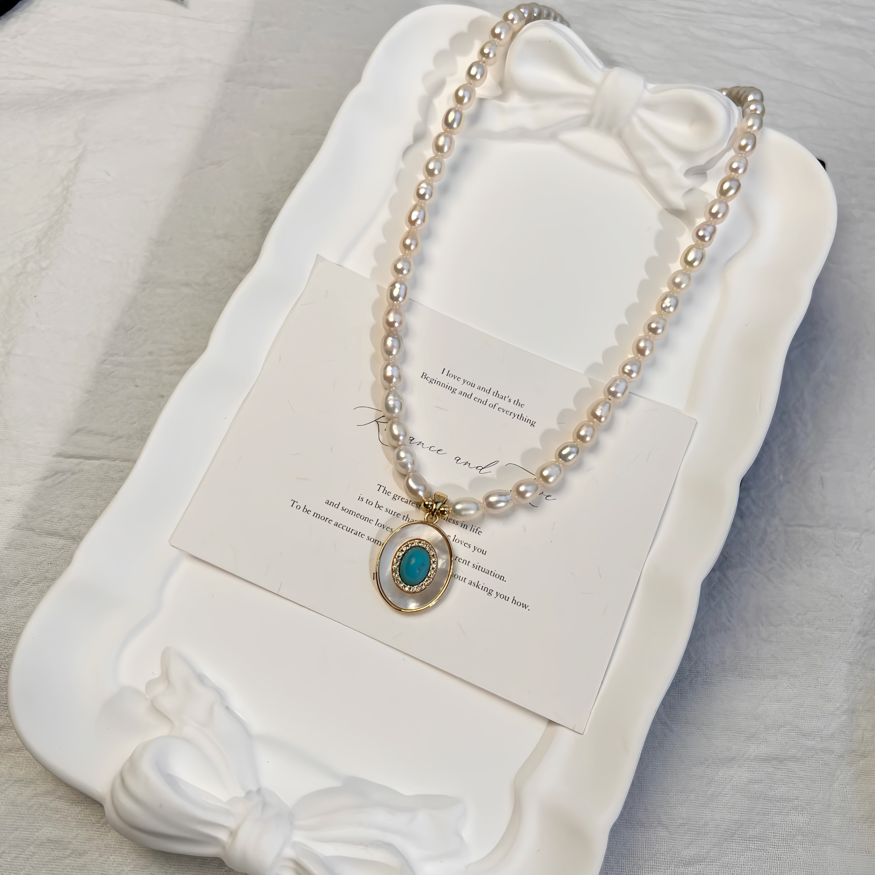 天然淡水珍珠天然淡水珍珠绿松吊坠轻奢时尚百搭法式项链LH0618