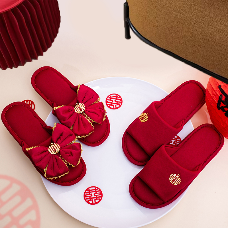 结婚拖鞋厚底女方陪嫁新婚情侣喜庆红色一对室内家居夏季轻奢婚鞋