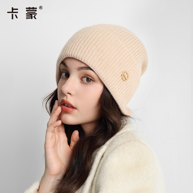 卡蒙山羊绒纯色百搭毛线帽女显脸小双层护额保暖针织帽秋冬新