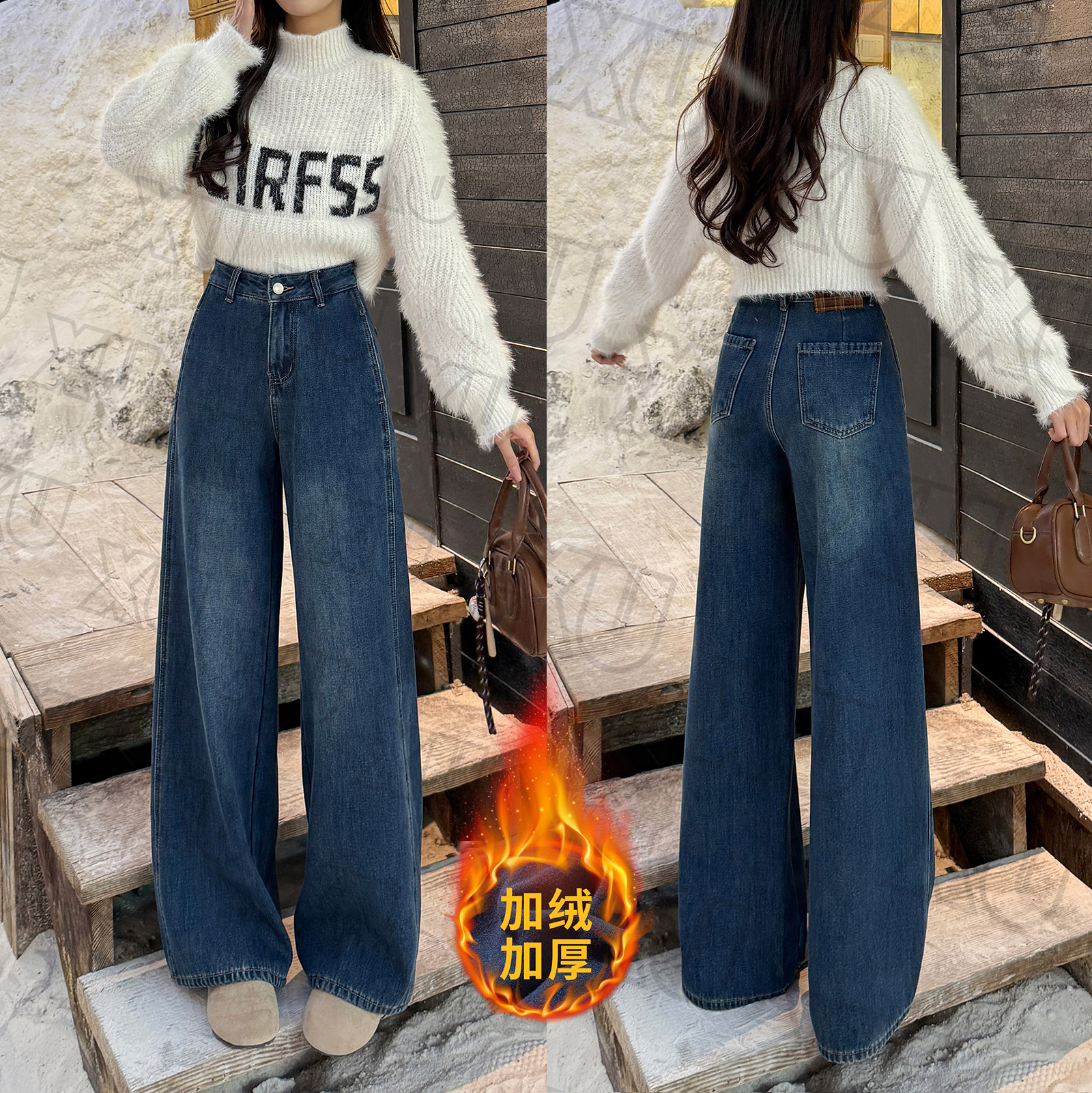 【加绒/不加绒】侧开袋格子牛仔裤女秋冬高腰宽松显瘦百搭7437 Q