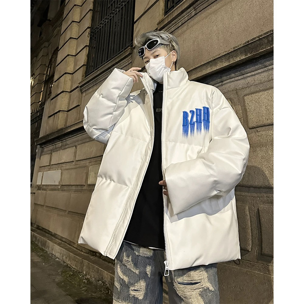 159美式PU皮立领棉服男款冬季刺绣轻薄短款外套潮牌高级感面包服