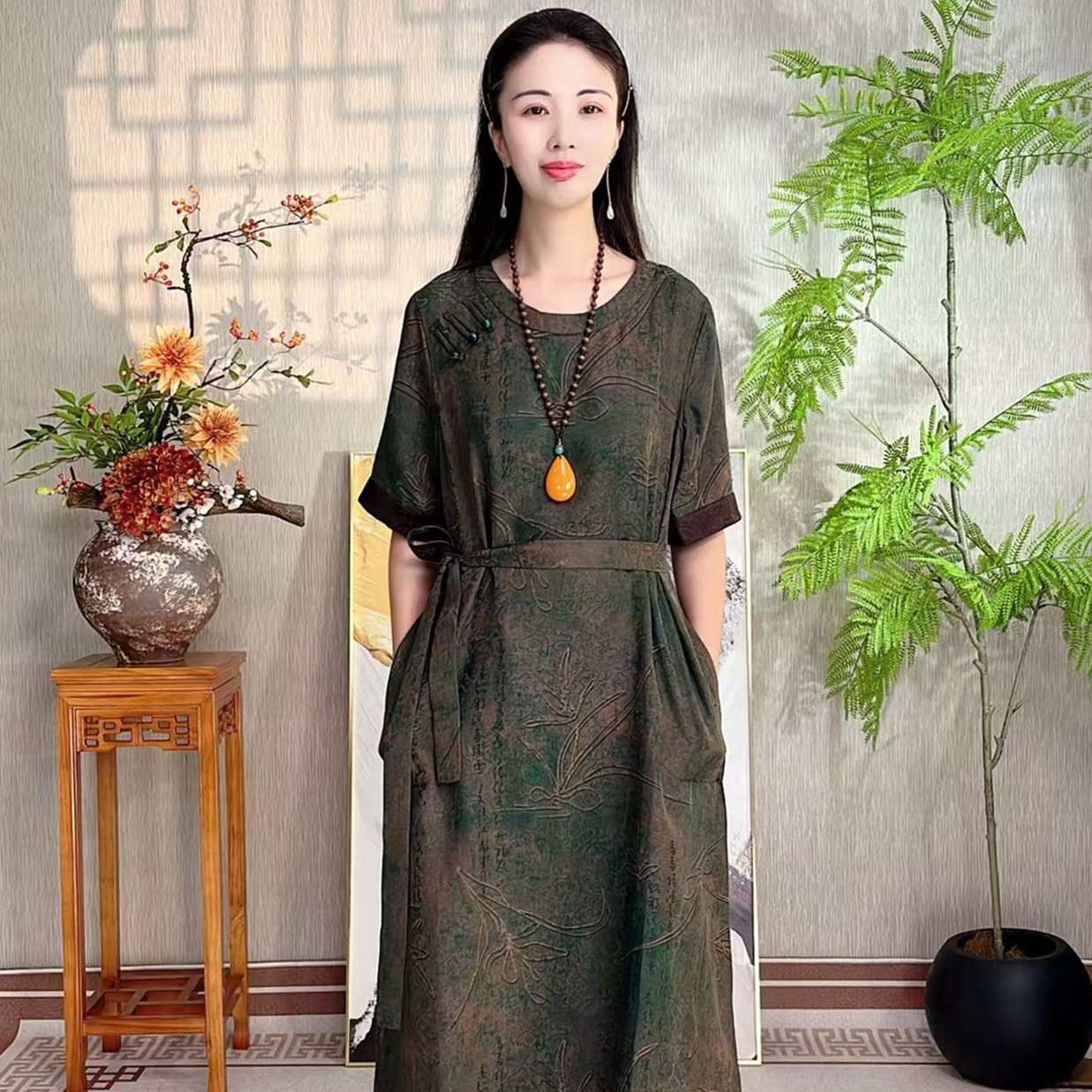 【云栖】新中式100%桑蚕丝香云纱圆领春夏季宽松高定连衣裙