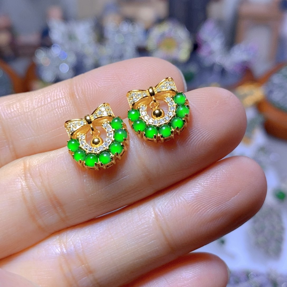 翡翠耳钉银S925镶嵌天然翡翠