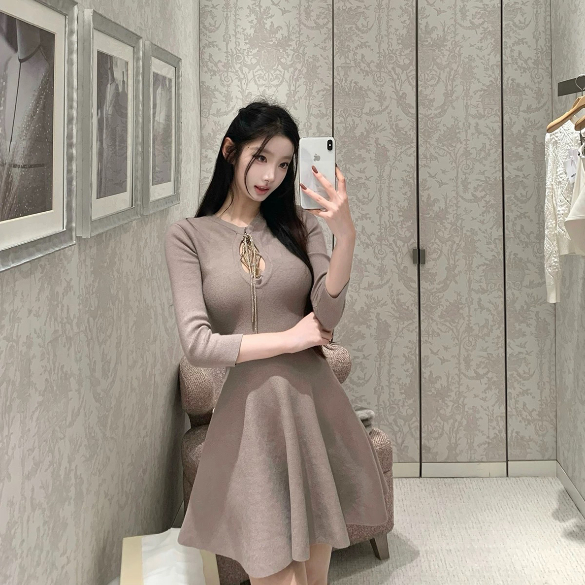 秀智【麦瑟尔千金双面穿】七分袖双面穿针织秋冬气质打底连衣裙女