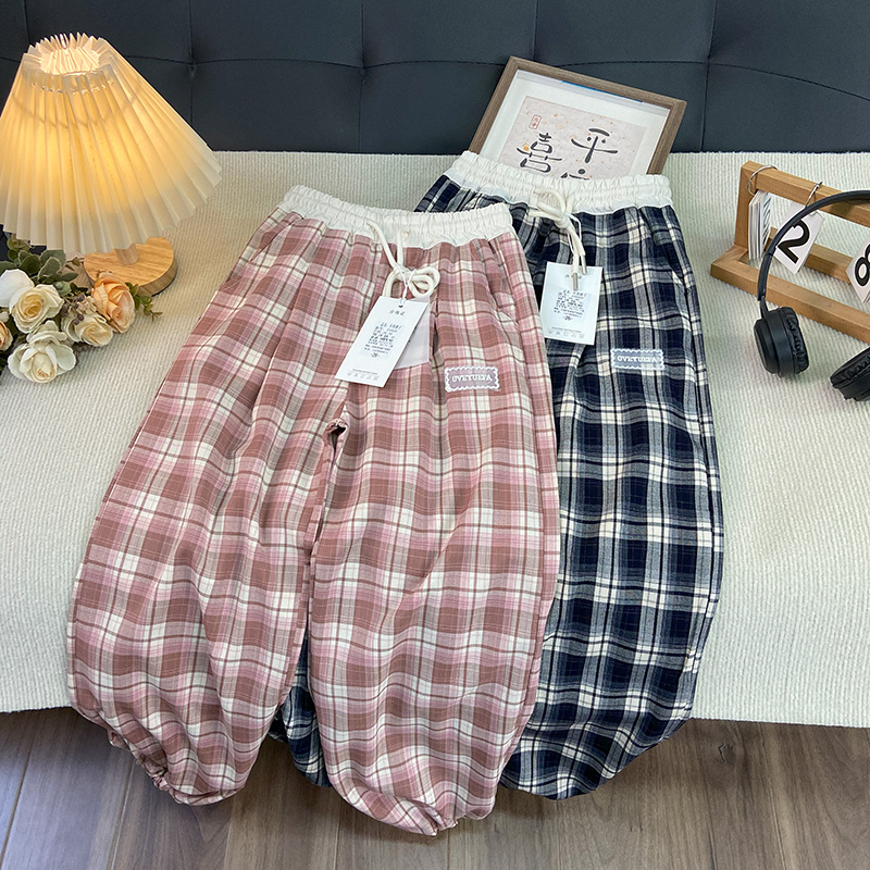 佑妈家童装 女童潮款长裤 中大童格子休闲裤 亲子薄款裤子