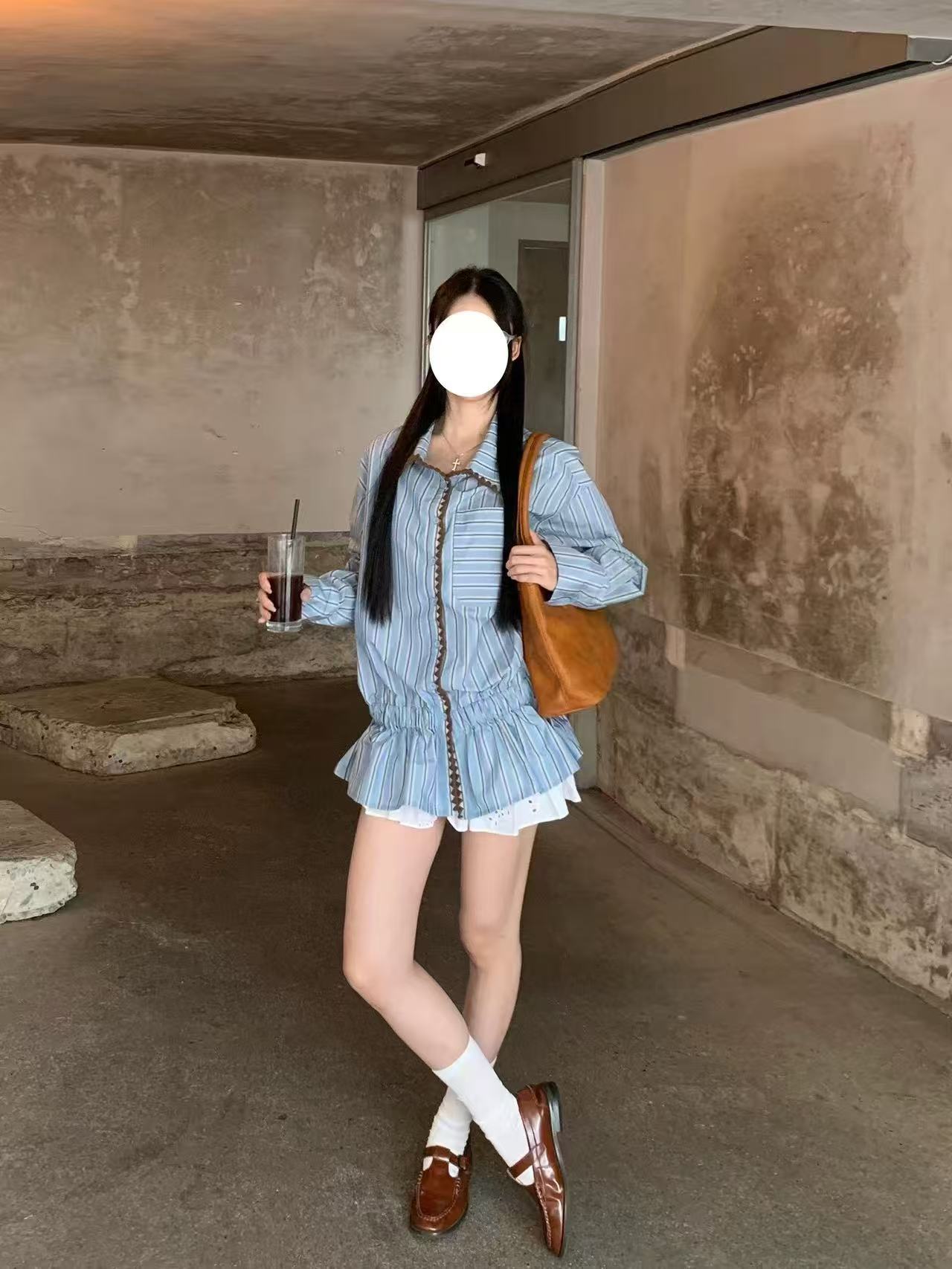 秋季气质贝壳绣设计感条纹翻领BD长袖条纹百搭衬衫带腰带AM25320