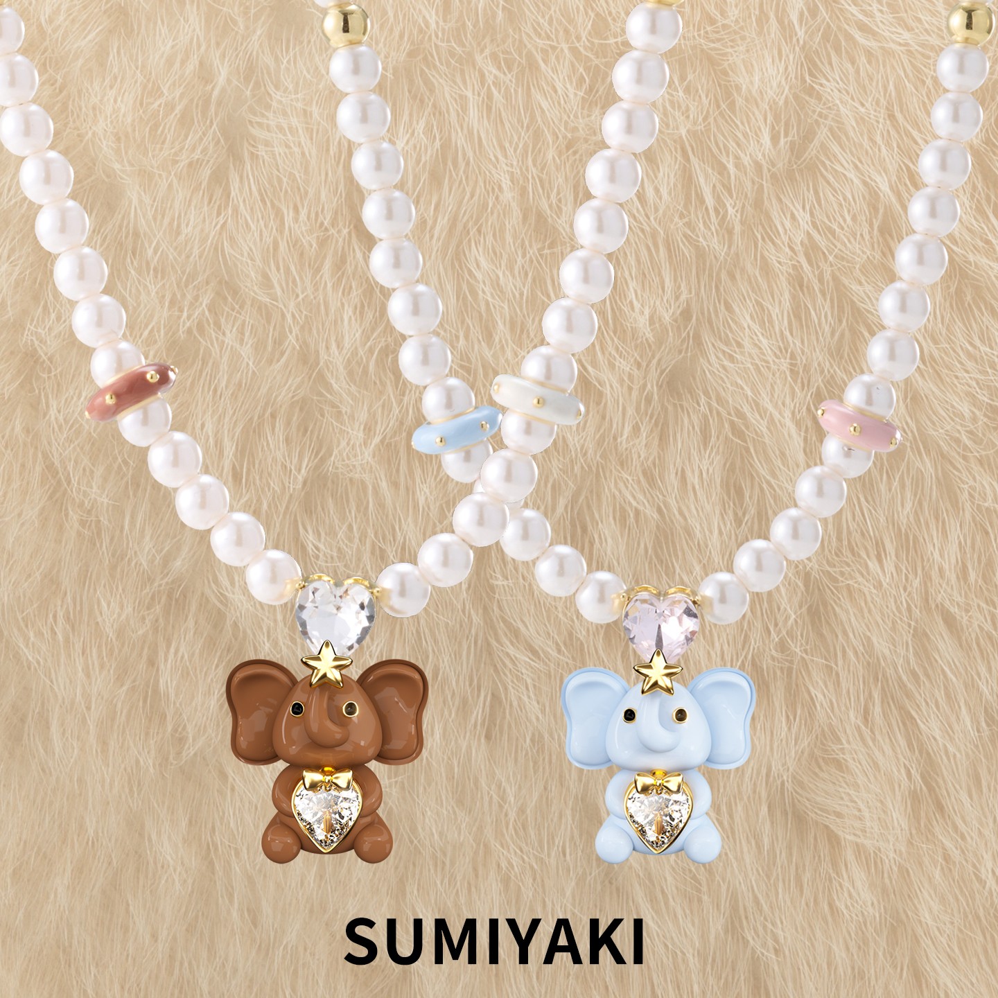 铜合金合成锆石项链 SUMIYAKI 秋冬复古小福象珍珠项链转运珠颈链