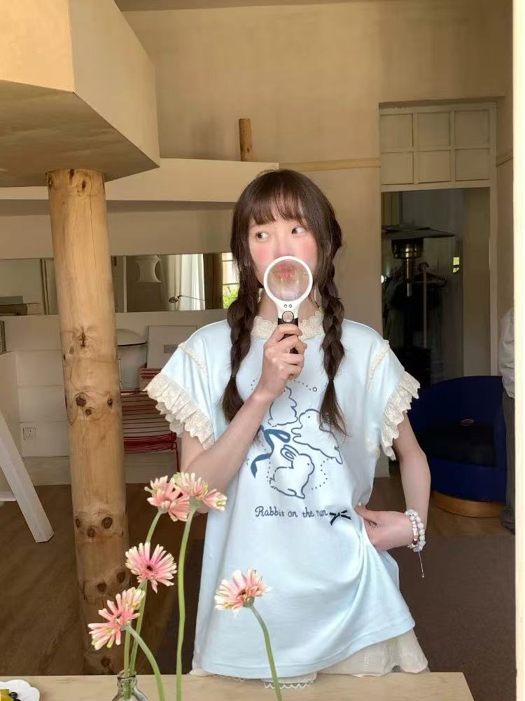 A071-甜美清纯蓝色兔子短袖T恤夏季独特可爱俏皮宽松上衣套装女