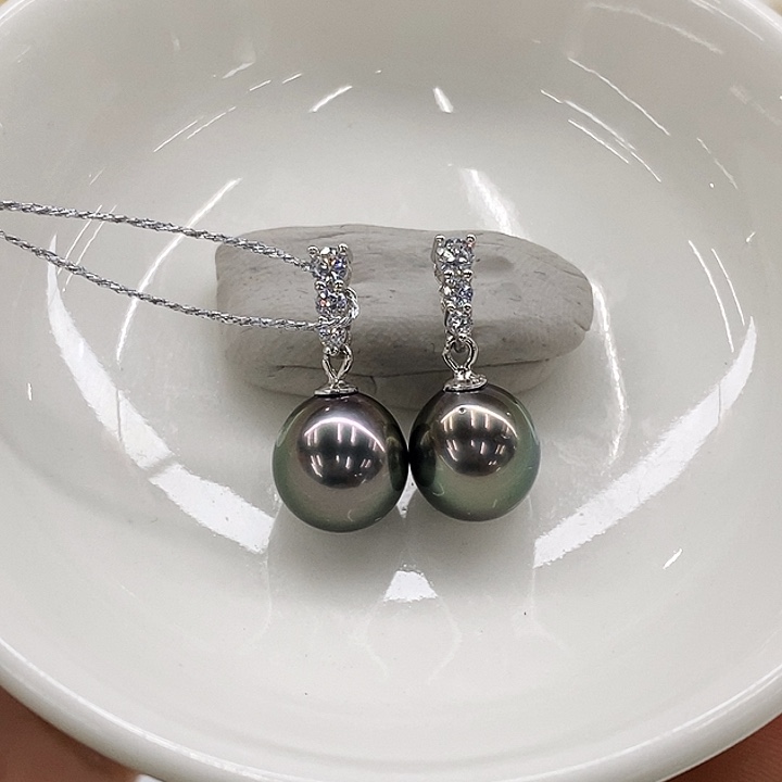 银S925镶嵌海水珍珠耳饰大溪地9-10mm