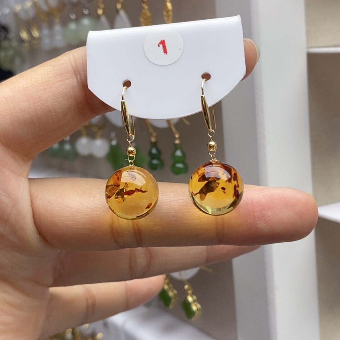琥珀（花珀）18K金镶嵌耳饰