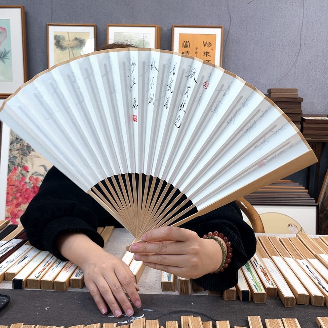 国画95寸玉竹-纯手绘-文玩扇骨（默认粘好）遇满桂花