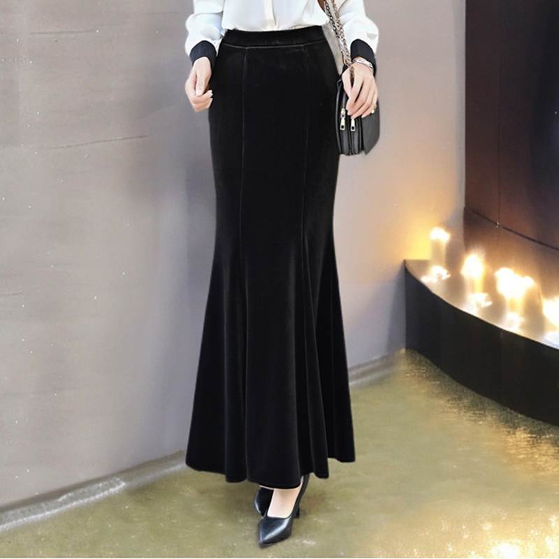 鱼尾裙新款半身长裙大码秋冬季黑色丝绒高腰气质包臀修身长裙子冬