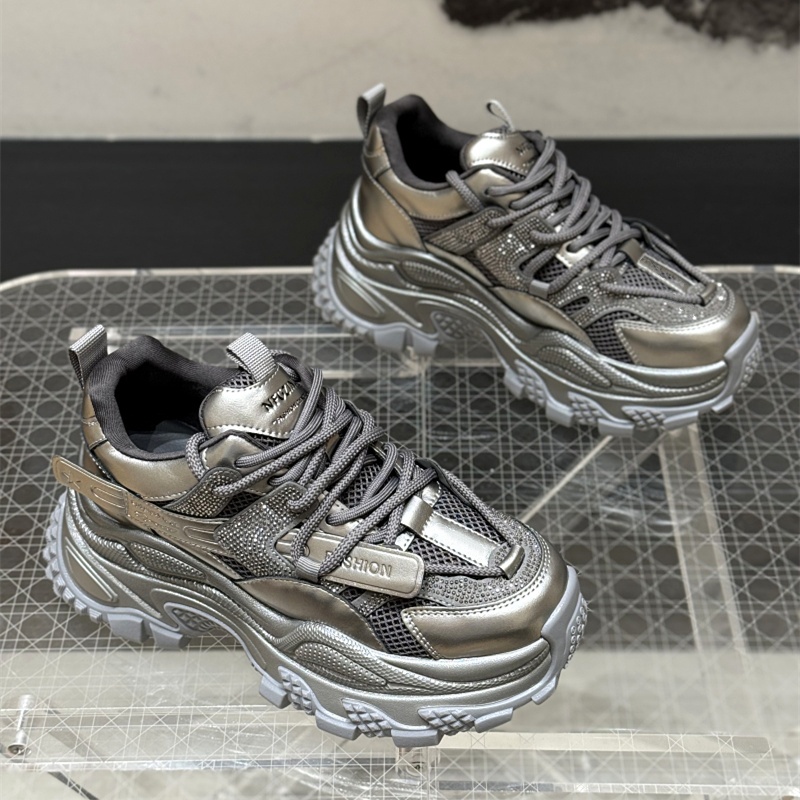 水钻厚底百搭老爹鞋女ins潮春款透气网面增高小个子休闲运动鞋子