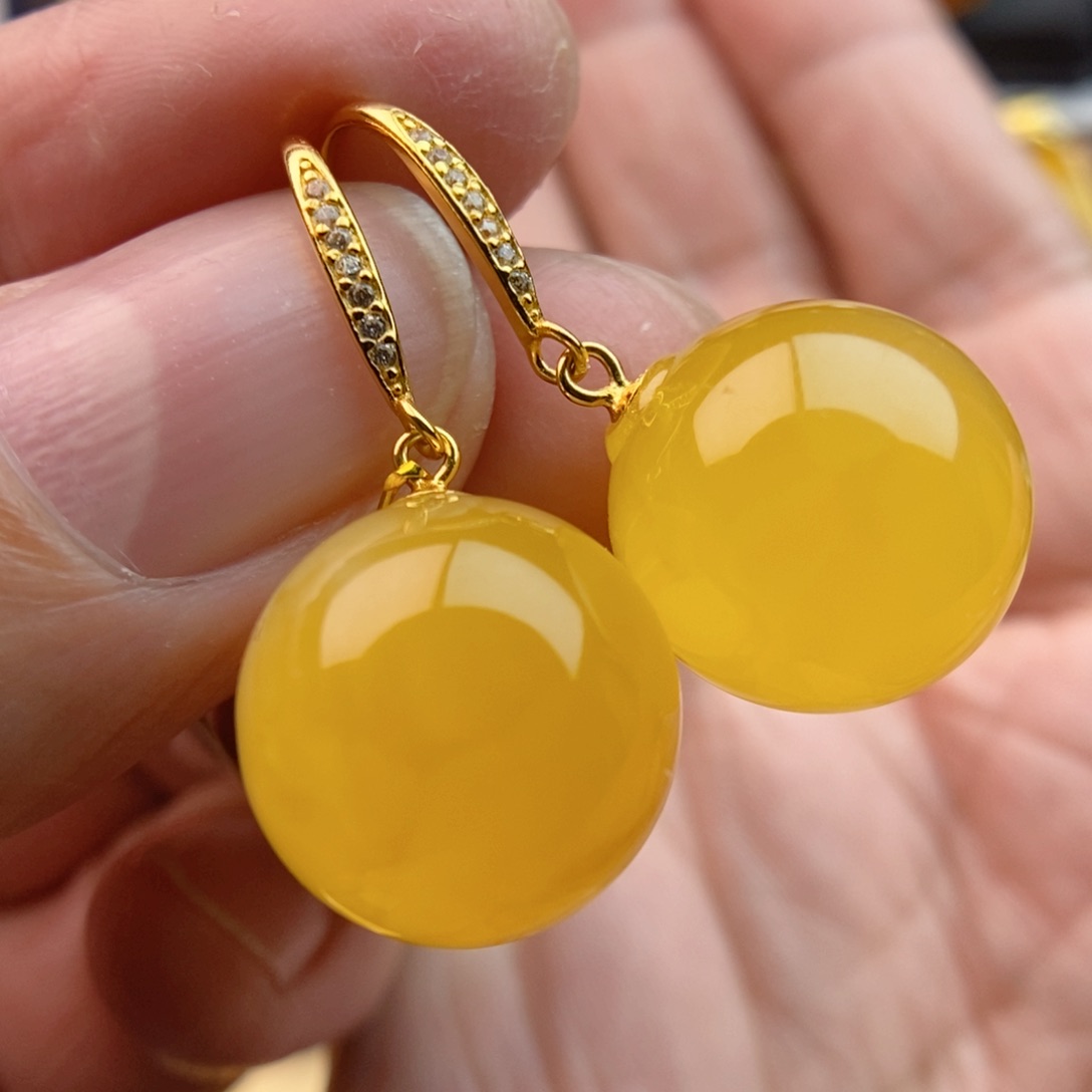 琥珀耳饰银S925镀金镶嵌