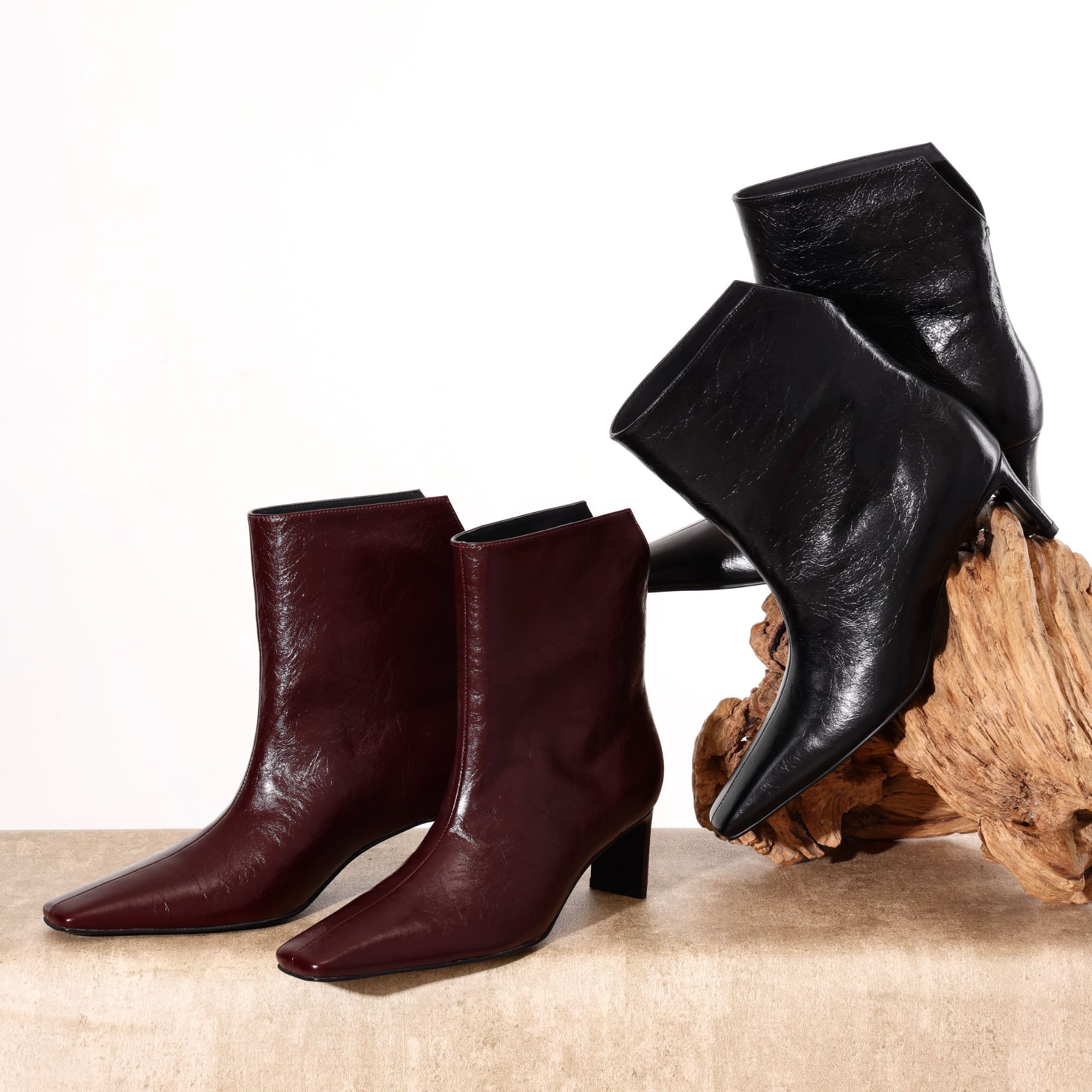 设计感复古小方头高跟短靴女小牛油皮宽筒秋冬靴子