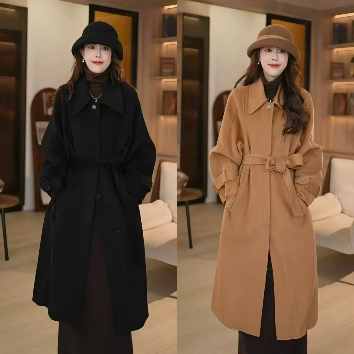 【花花家】女士中长款羊绒双面呢子大衣秋冬新款外套