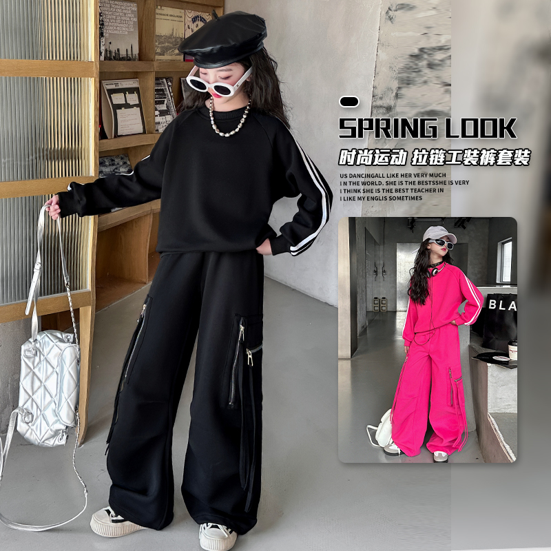 2025春季新款女童休闲工装裤套装中大童装运动休闲宽松韩裤子卫衣