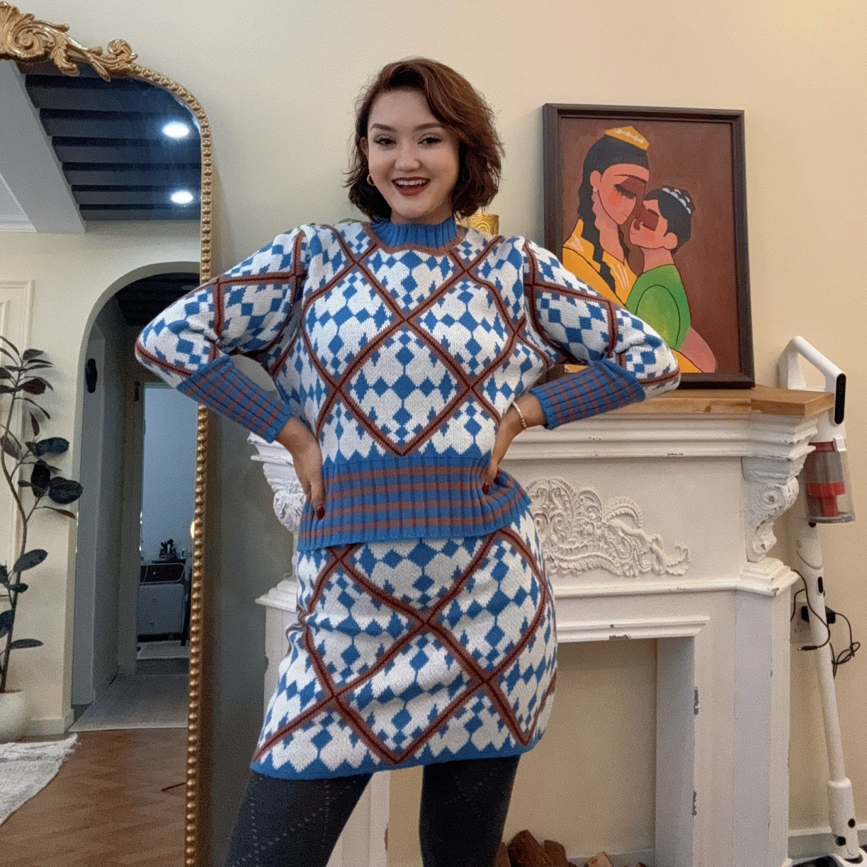 法式轻奢套装女秋冬季高级感格纹针织衫毛衣高腰半身裙时髦两件套