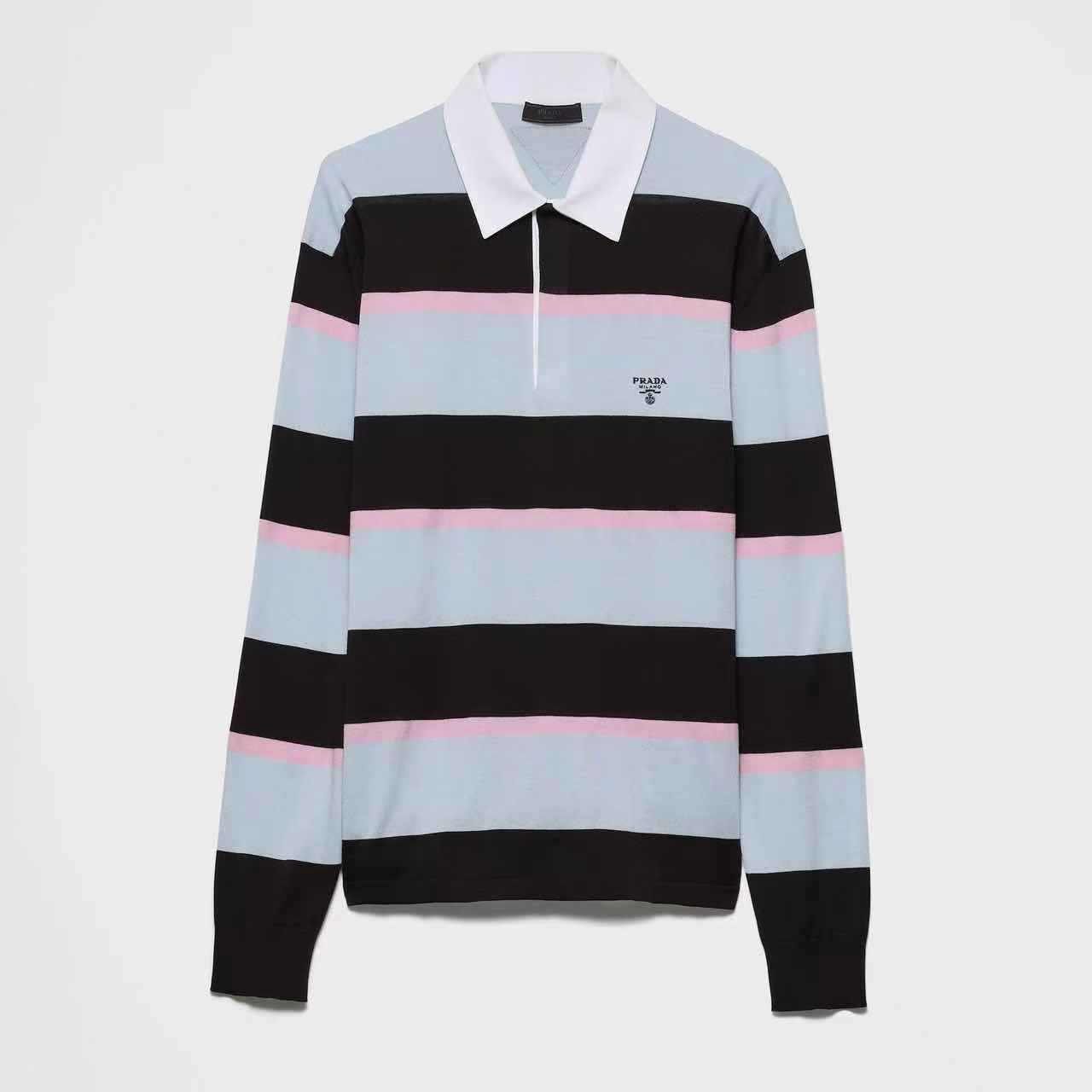 未使用 Prada/普拉达 男士条纹丝质与棉质长袖Polo衫 vip 6折扣款
