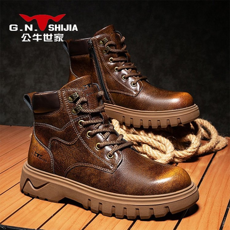 公牛世家男士复古秋冬百搭英伦风马丁靴休闲潮流高帮厚底增高男靴