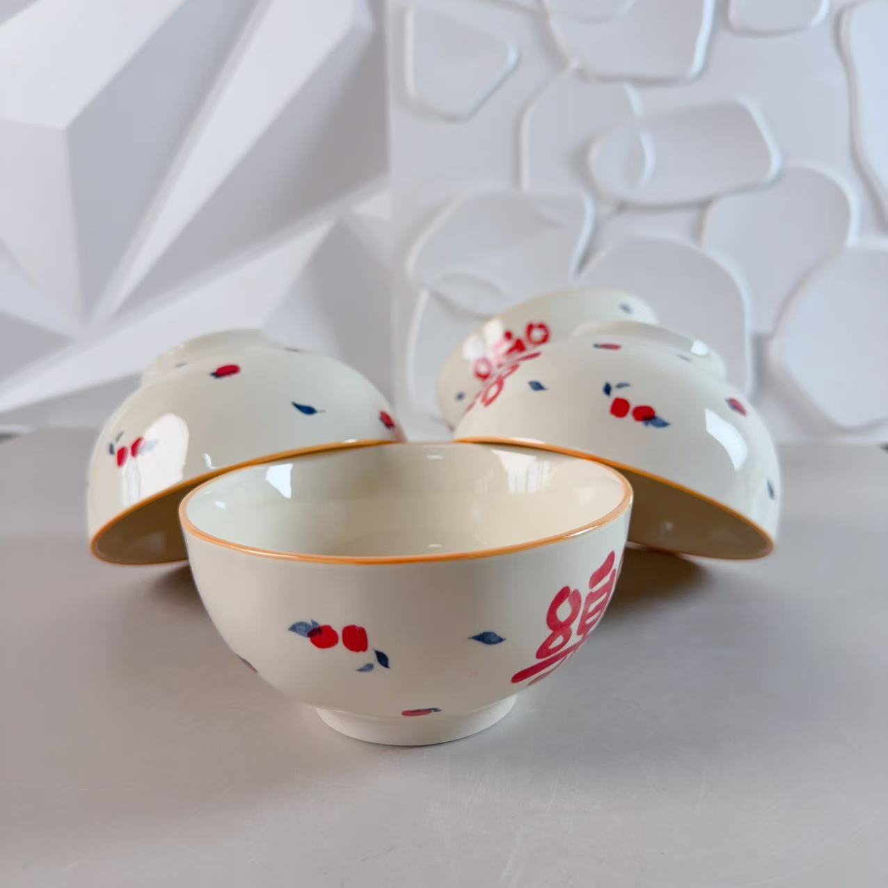 1164喜事连年系列高温釉下彩5英寸石纹碗四只装长12.7高6.5