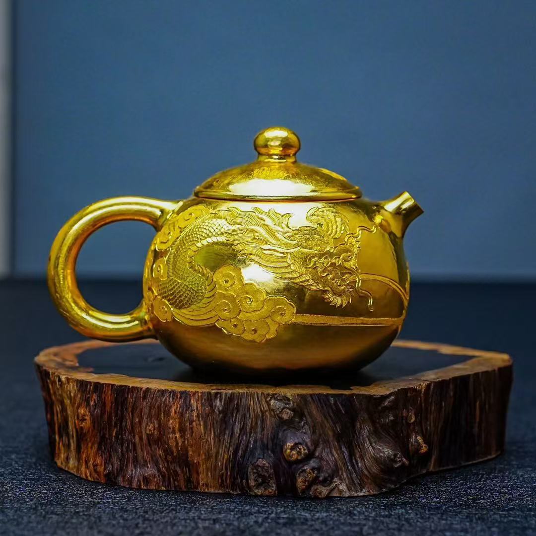 【慕雨手作】纯手工一张打金西施云中龙泡茶壶家用金壶            
