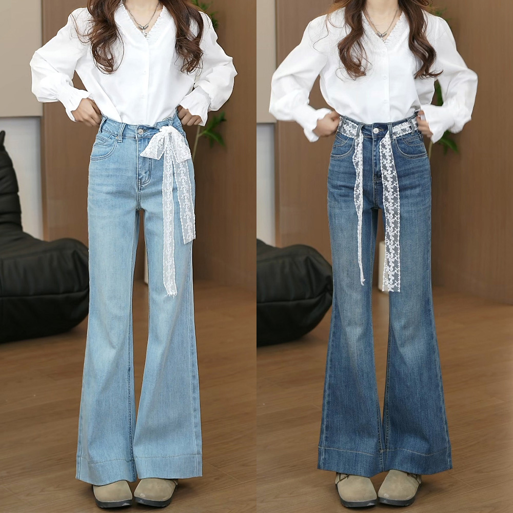 064蕾丝高腰修身弹力微喇叭牛仔裤女2025秋季新款洋气拖地马蹄裤