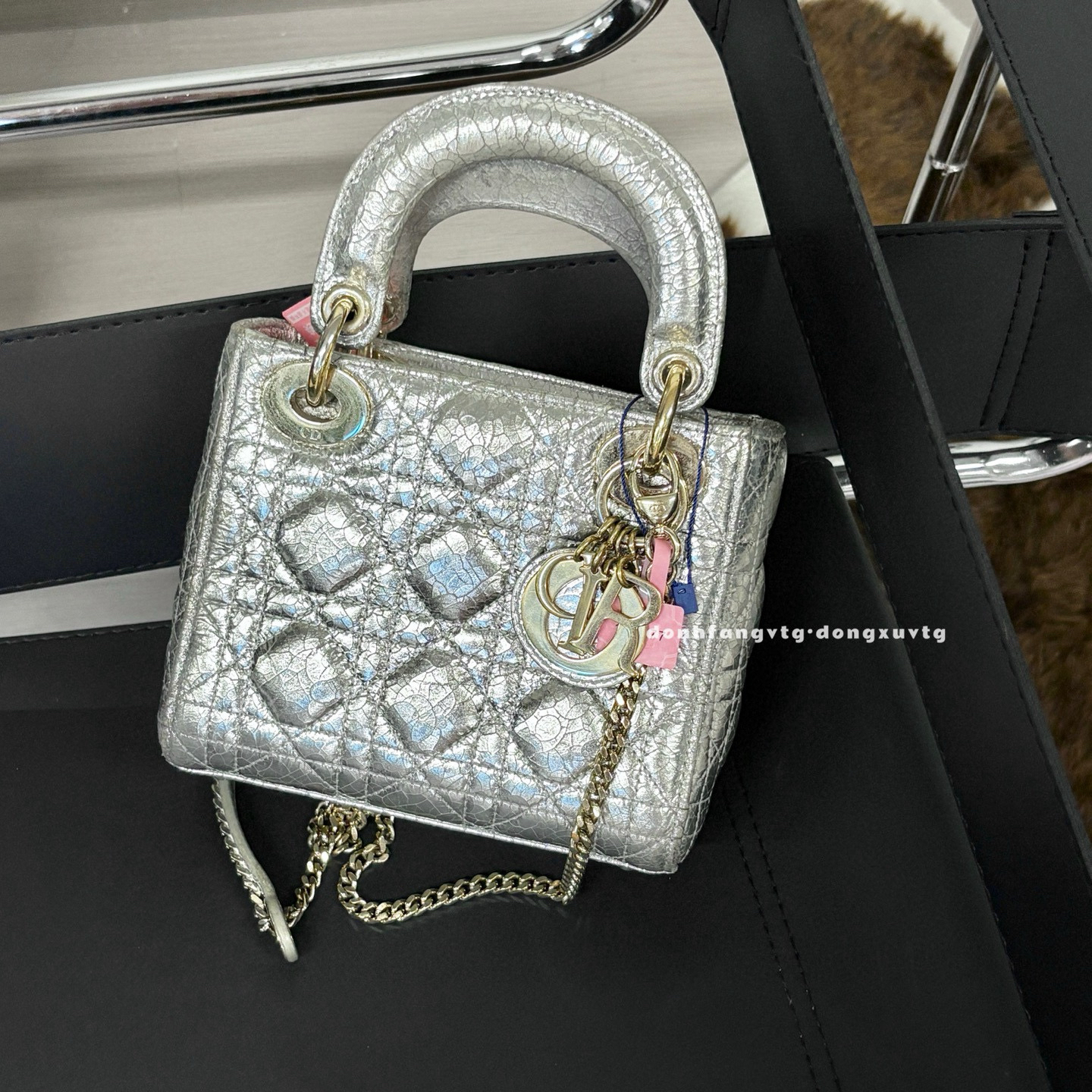 95新 DIOR/迪奥 dior 银色爆裂纹三格戴妃斜挎包