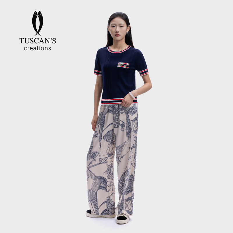 TUSCAN'S CREATIONS时尚极简风印花松紧腰高腰夏季休闲裤时代双鱼