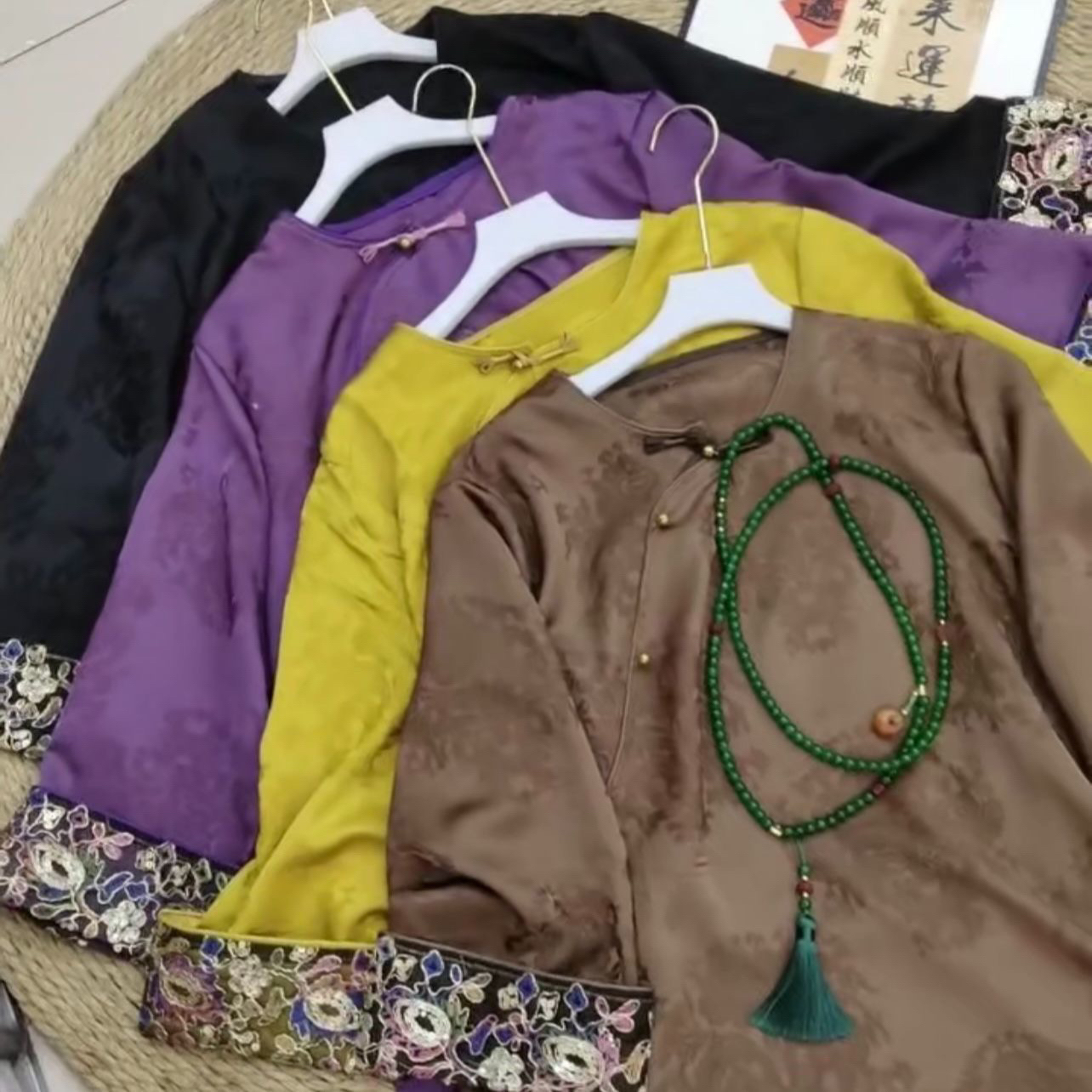 大码女装中式盘扣咖色圆领斜襟提花遮肉显瘦打底衫唐装民族风上衣