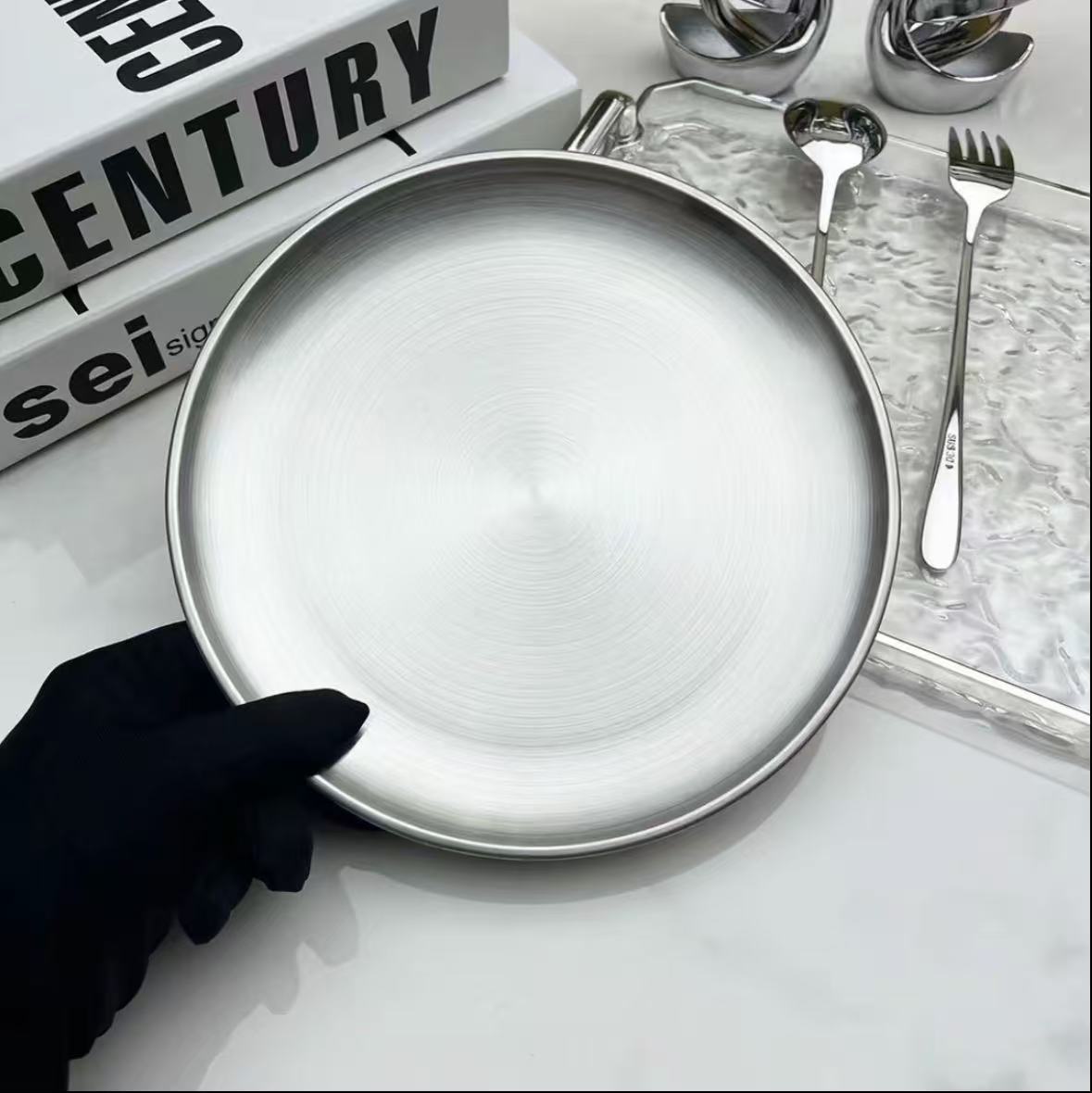 【三单五单囤】20cm不锈钢韩式圆盘多用盘果盘烤肉盘子