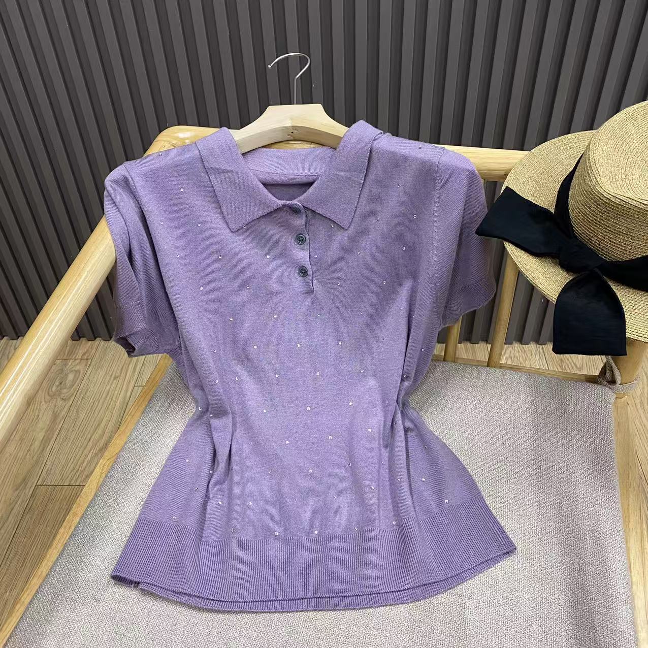 短袖烫钻polo领针织衫套头纯色宽松百搭薄款T恤女Z6824